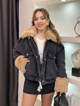 Antrasit İçi Full Kürklü Kot Mont