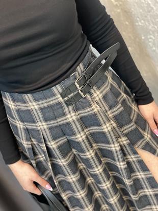 Antrasit Kemer Detaylı Yırtmaçlı Ekose Etek