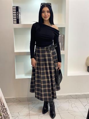 Antrasit Kemer Detaylı Yırtmaçlı Ekose Etek