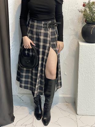 Antrasit Kemer Detaylı Yırtmaçlı Ekose Etek