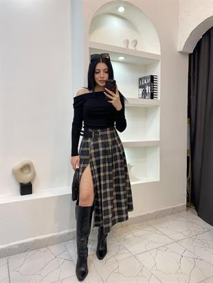 Antrasit Kemer Detaylı Yırtmaçlı Ekose Etek