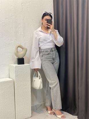 Antrasit Önü Full Taşlı Boyfit Jean 