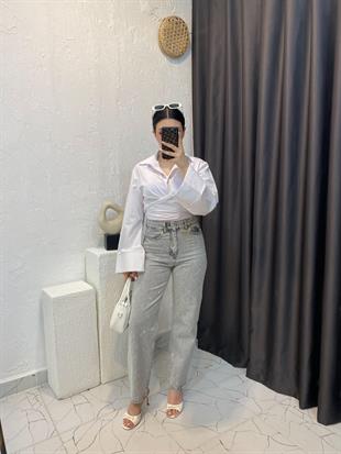 Antrasit Önü Full Taşlı Boyfit Jean 