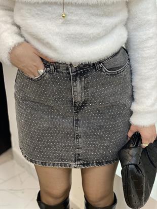 Antrasit Taşlı Model Denim Etek