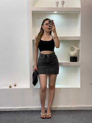Antrasit Taşlı Model Denim Etek