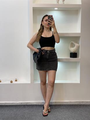 Antrasit Taşlı Model Denim Etek