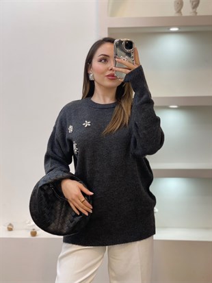 Antrasit Taşlı Model Triko Kazak
