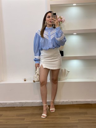 Bebe Mavi Premium Kalite Dantel Detaylı Gömlek 