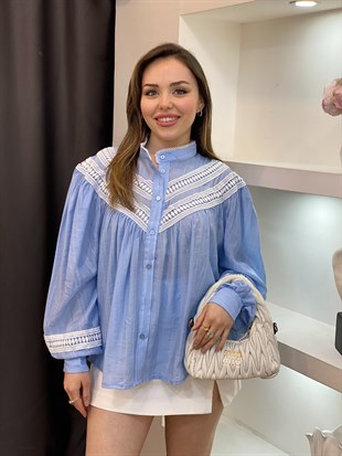 Bebe Mavi Premium Kalite Dantel Detaylı Gömlek 