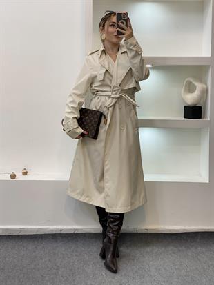 Bej Apoletli Su Geçirmez Model Maxi Boy Trenç