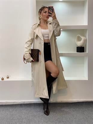 Bej Apoletli Su Geçirmez Model Maxi Boy Trenç