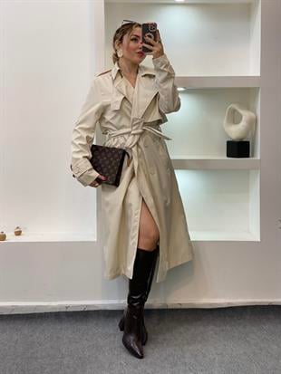 Bej Apoletli Su Geçirmez Model Maxi Boy Trenç