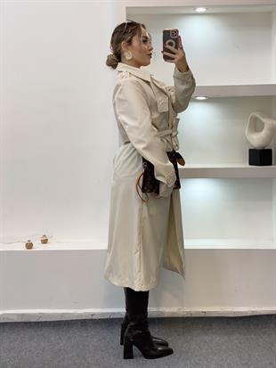 Bej Apoletli Su Geçirmez Model Maxi Boy Trenç