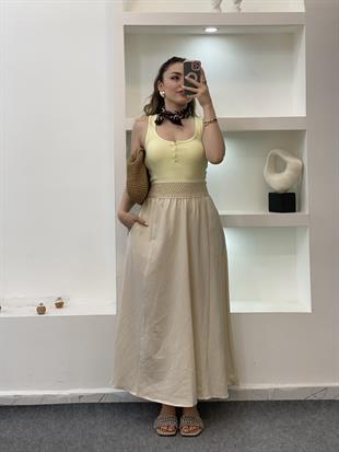 Bej Beli Örgü Detay Keten Etek