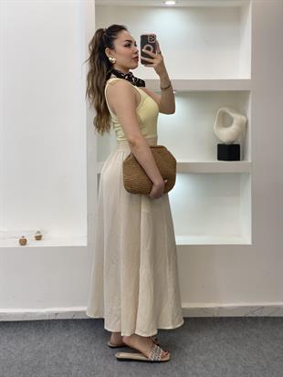 Bej Beli Örgü Detay Keten Etek