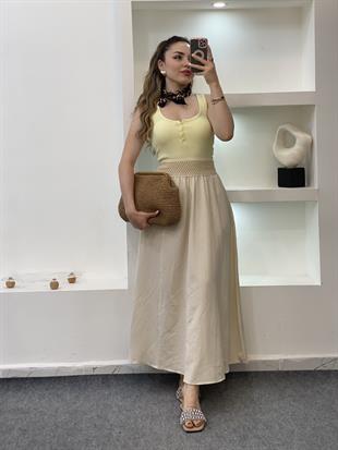 Bej Beli Örgü Detay Keten Etek