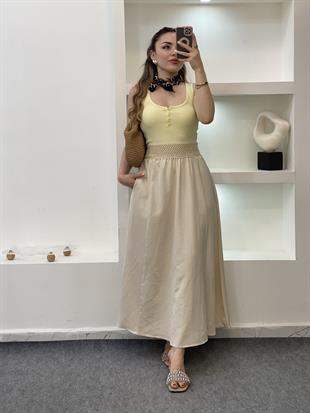 Bej Beli Örgü Detay Keten Etek