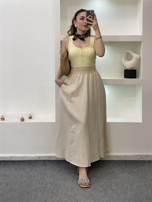 Bej Beli Örgü Detay Keten Etek