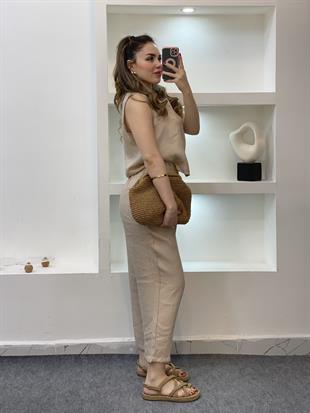 Bej Bluz Pantolon Tensel Takım
