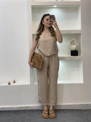 Bej Bluz Pantolon Tensel Takım