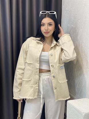Bej Cebi Yazılı Model Gabardin Ceket 