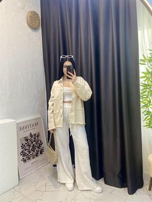 Bej Cebi Yazılı Model Gabardin Ceket 