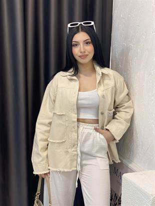Bej Cebi Yazılı Model Gabardin Ceket 