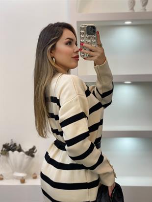 Bej Çizgili Bilek Düğmeli Triko Elbise
