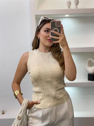 Bej Damla Taşlı Triko Bluz