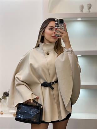 Bej Dik Yaka Kemerli Kaşe Panço