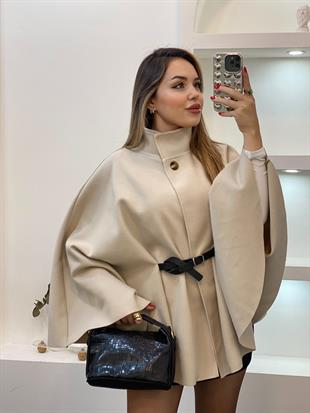 Bej Dik Yaka Kemerli Kaşe Panço