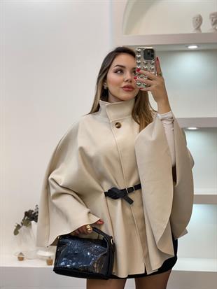 Bej Dik Yaka Kemerli Kaşe Panço