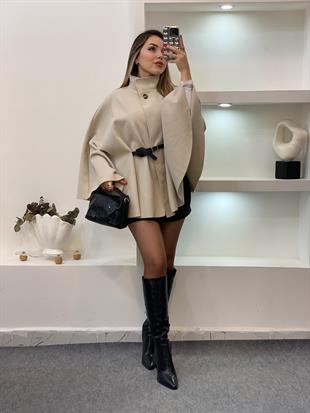 Bej Dik Yaka Kemerli Kaşe Panço