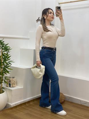Bej Düğmeli Fitilli Basic Bluz