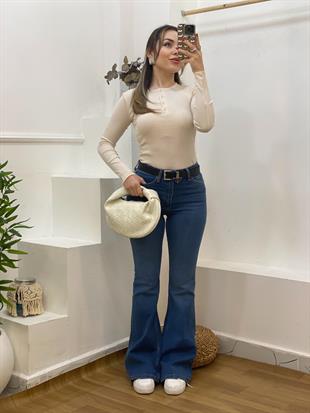 Bej Düğmeli Fitilli Basic Bluz