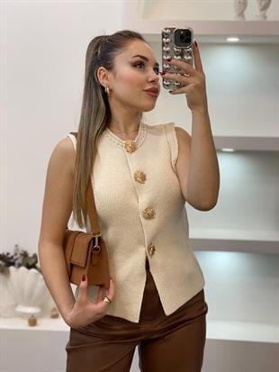 Bej Gold Düğmeli Çelik Triko Yelek