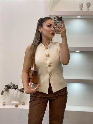 Bej Gold Düğmeli Çelik Triko Yelek