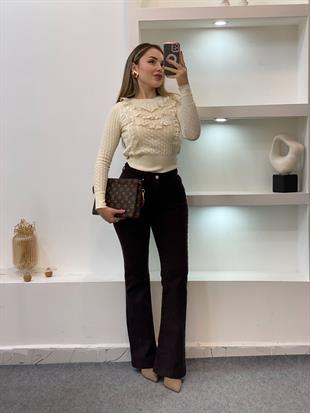 Bej Güpürlü Model Triko Bluz