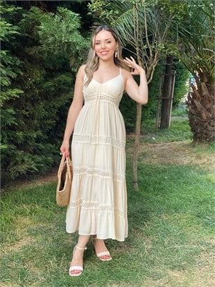 Bej İp Askılı Nora Elbise 