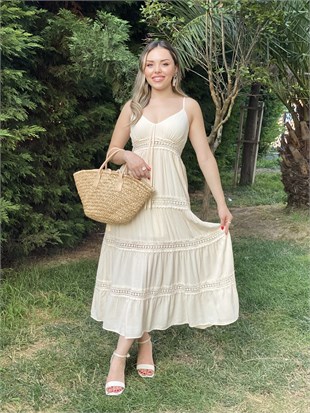 Bej İp Askılı Nora Elbise 