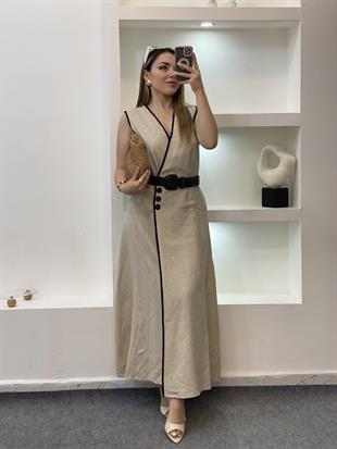 Bej Kemerli Model Keten Elbise
