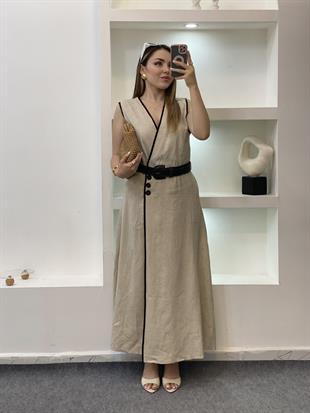 Bej Kemerli Model Keten Elbise