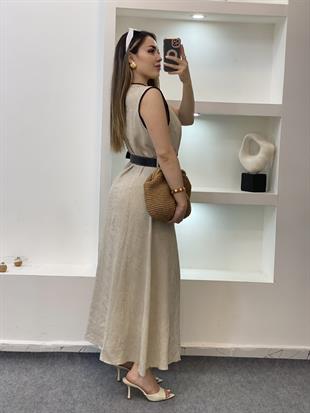 Bej Kemerli Model Keten Elbise