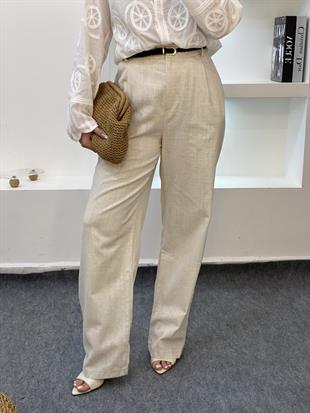 Bej Kemerli Model Keten Palazzo Pantolon 