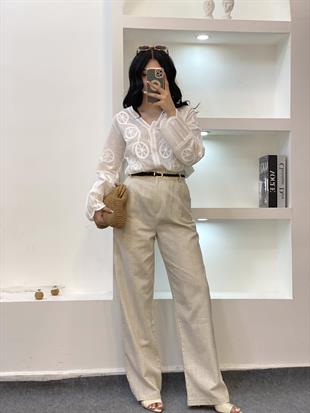 Bej Kemerli Model Keten Palazzo Pantolon 
