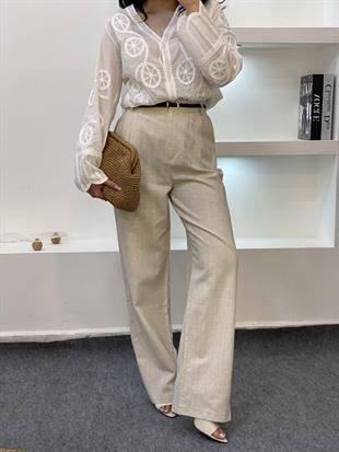 Bej Kemerli Model Keten Palazzo Pantolon 