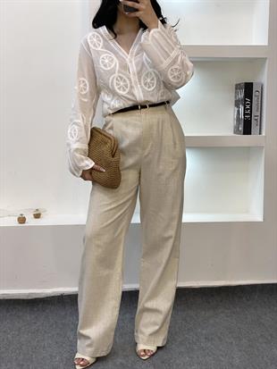 Bej Kemerli Model Keten Palazzo Pantolon 