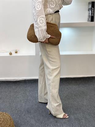Bej Kemerli Model Keten Palazzo Pantolon 