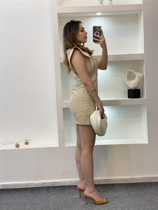 Bej Kolları Volanlı Jean Elbise