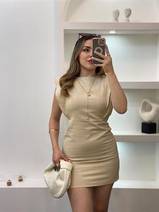 Bej Kolları Volanlı Jean Elbise